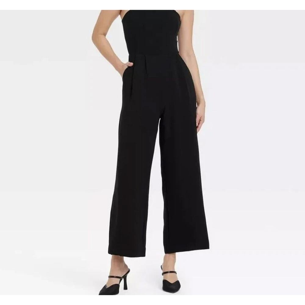 A New Day Womens Black Sleeveless Jumpsuit Midweight Woven Tie Waist Pockets - Picture 3 of 7